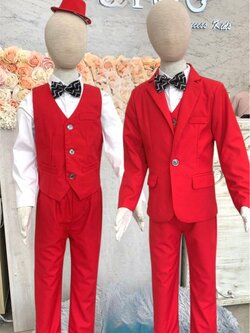 สูทเด็กผู้ชาย(หน้าร้านอยู่รัชดา ลองได้ถ่ายรูปจากชุดจริง)S169 สีแดง เซ็ตสูท5ชิ้น สูท เสื้อเชิ้ต กั๊ก กางเกง หูกระต่าย