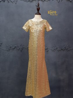 ชุดราตรีเด็ก(หน้าร้านอยู่รัชดา ลองได้ถ่ายรูปจากของจริง)W18199 สีทอง ทรงหางปลา เรียบหรูมีแขน ตกแต่งด้วยดอกไม้