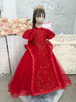 ชุดราตรีเด็ก(หน้าร้านอยู่รัชดา ลองได้ถ่ายรูปเองจากชุดจริง)W19192 สีแดง กระโปรงยาว แขนตุ๊กตา ประดับเพชร อลังการ