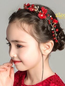 คาดผมเด็ก(หน้าร้านอยู่รัชดา)KF504 เส้นคาดผมดอกไม้สีแดงสลับทอง ประดับเพรช สวยน่ารัก