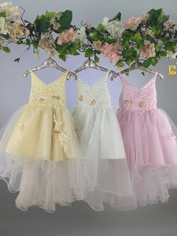 ssชุดออกงานเด็ก(หน้าร้านอยู่รัชดา ลองได้ถ่ายรูปจากชุดจริง)T163 สีขาว สีชมพู สีครีม สายเดี่ยวปักมุกกระโปรงหน้าสั้นหลังชายยาวสไตล์เจ้าหญิง