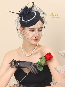 กิ๊บหมวกเด็ก(หน้าร้านอยู่รัชดา)KF596 กิ๊บหมวกเด็กสีดำตาข่ายติดไข่มุขประดับดอกไม้