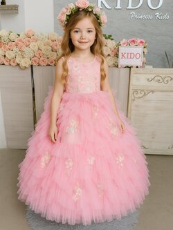 ชุดราตรีเด็ก(หน้าร้านอยู่รัชดา ลองได้ถ่ายรูปเองจากชุดจริง)W19184 สีชมพู กระโปรงยาว แขนสั้น งานฟู อลังการมากๆค่ะ