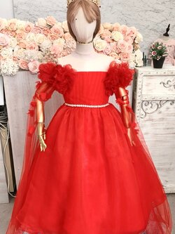 ชุดราตรีเด็ก(หน้าร้านอยู่รัชดา ลองได้ถ่ายรูปจากชุดจริง)W18960 สีแดง ตกแต่งด้วยดอกไม้ แขนยาวกระโปรงยาว