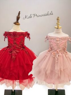 Sชุดราตรีเด็ก(หน้าร้านอยู่รัชดา ลองได้ถ่ายรูปจากชุดจริง)W18734สีแดง สีชมพู เปิดไหล่ ปักดอกไม้รอบตัวเสื้อ น่ารักสวยหรูสุดๆ