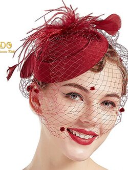 คาดผมเด็ก(หน้าร้านอยู่รัชดา)KF595 กิ๊บหมวกเด็กสีแดงข้มติดตาข่ายขนนก