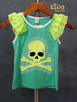 เสื้อยืดเด็ก*มีหน้าร้าน ตรงปก พร้อมส่ง*Z01 เสื้อแฟชั่นเด็ก สีเขียว แขนระบาย ปักรูปกะโหลก