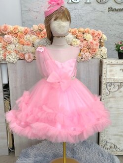 ชุดราตรีเด็ก(หน้าร้านอยู่รัชดา ลองได้ถ่ายรูปเองจากชุดจริง)W18982 สีชมพู ซีทรูจีบไหล่เบี่ยง กระโปรงสั้นฟู น่ารัก