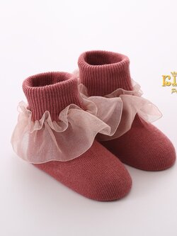 ถุงเท้าเด็ก(มีหน้าร้านอยู่รัชดา)S048 ถุงเท้าสีแดงหม่น ตรงข้อเท้ามีระบายสองชั้นทำจากผ้าแก้ว น่ารักมากๆ