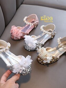 sรองเท้าเด็กออกงาน(หน้าร้านอยู่รัชดา ลองได้)H186 สีเงิน ทอง ชมพูเปิดข้างดอกไม้หน้าคาดมุก