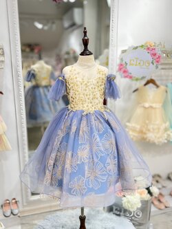 ชุดราตรีเด็ก(หน้าร้านอยู่รัชดา ลองได้ถ่ายรูปจากชุดจริง)W18642 สีน้ำเงิน แขนยาว กระโปรงยาว ปักทองประดับ