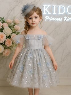 ชุดราตรีเด็ก(ร้านอยู่รัชดา ลองได้ถ่ายรูปจากชุดจริง)W19055เทา ติดดอกไม้