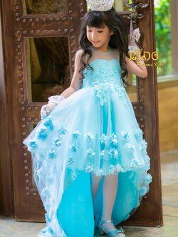 ชุดราตรีเด็ก(หน้าร้านอยู่รัชดา ลองได้ถ่ายรูปจากของจริง)H1794 สีฟ้า กระโปรงหน้าสั้นหลังยาว ติดดอกไม้หวานๆ ชุดเด็กไปงาน