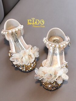 รองเท้าเด็กออกงาน(หน้าร้านอยู่รัชดา ลองได้)H186 สีทอง เปิดข้างดอกไม้หน้าคาดมุก