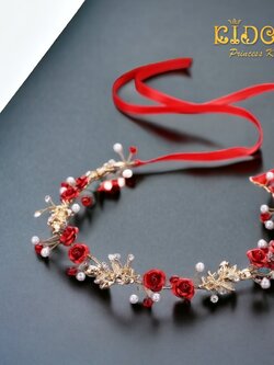 คาดผมเด็ก(หน้าร้านอยู่รัชดา)KF605 เส้นคาดผมดอกไม้สีแดง ตกแต่งด้วยดอกไม้