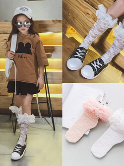 ถุงเท้าเด็ก(มีหน้าร้านอยู่รัชดา)MC376 ถุงเท้ายาวสีชมพู ลูกไม้ทั้งตัว