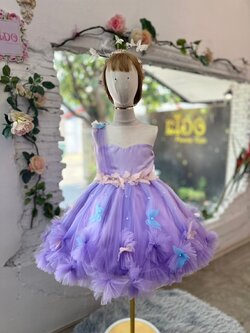 ชุดราตรีเด็ก(หน้าร้านอยู่รัชดา ลองได้ถ่ายรูปจากชุดจริง)W18894 สีม่วง ติดผีเสื้อ กระโปรงสั้น ฟูชั้นๆ