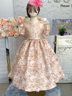 ชุดราตรีเด็ก(ร้านอยู่รัชดา ลองได้ถ่ายรูปจากชุดจริง)W19013 สีโอรส กระโปรงยาว แขนตุ๊กตา ผ้าพิมพ์ลายทั้งชุด