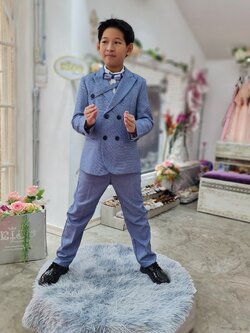 สูทเด็กผู้ชาย(หน้าร้านอยู่รัชดา ลองได้ถ่ายรูปจากชุดจริง)S126สีฟ้าเซ็ตสูท 5ชิ้นเซ็ตสไตล์อังกฤษ สูท เชิ้ต กั๊ก กางเกง หูกระต่าย