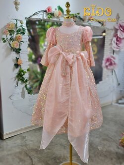 ชุดราตรีเด็ก(หน้าร้านอยู่รัชดา ลองได้ถ่ายรูปจากชุดจริง)W18695 สีโอรส แขนตุ๊กตา กระโปรงยาวเอวผูกโบว์