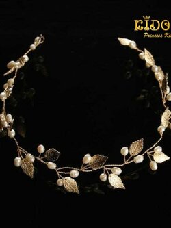 คาดผมเด็ก(หน้าร้านอยู่รัชดา)KF609 เส้นประดับผมใบไม้สีทอง ประดับมุข สวยหรู