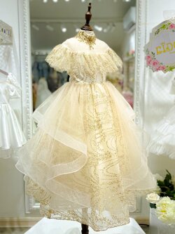 ชุดราตรีเด็ก(หน้าร้านอยู่รัชดา ลองได้ถ่ายรูปเองจากชุดจริง)W18421สีทอง กระโปรงยาวมีระบายดูหรู ไหล่ตกแต่งระบายจีบคลุมแขน
