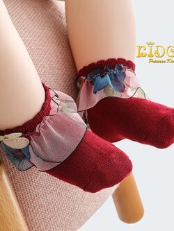 ถุงเท้าคริสต์มาส เด็ก(มีหน้าร้านอยู่รัชดา)S114สีแดงเข้ม ข้อเท้าระบายผ้าพิมพ์แต่งหัวมิกกี้ น่ารัก