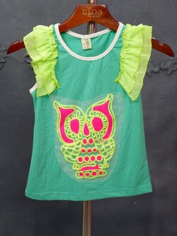 เสื้อยืดเด็ก*มีหน้าร้าน ตรงปก พร้อมส่งZ02 แขนกุด สีเขียว แขนระบาย ปักนกฮูก