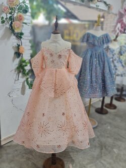 ชุดราตรีเด็ก(หน้าร้านอยู่รัชดา ลองได้ถ่ายรูปจากชุดจริง)W18600 สีโอรส เปิดไหล่วิ้งๆกระโปรงยาว