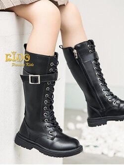 บูทเด็ก(หน้าร้านอยู่รัชดา ลองได้)H172 สีดำ ด้านหน้าร้อยเชือกสูง แบบยาวมีคาดเข็มขัด