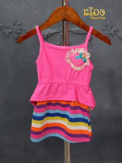 ชุดเดรสเด็ก*มีหน้าร้าน ตรงปก พร้อมส่งZK05สีบานเย็น สายเดียว กระโปรงลายขวางสี เสื้อติดหัวใจ