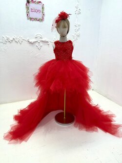 ชุดราตรีเด็ก(หน้าร้านอยู่รัชดา ลองได้ถ่ายรูปเองจากชุดจริง)W19180 สีแดง กระโปรงหน้าสั้นหลังยาว แขนสั้น คอเพชรหรู ฟูชั้นๆ