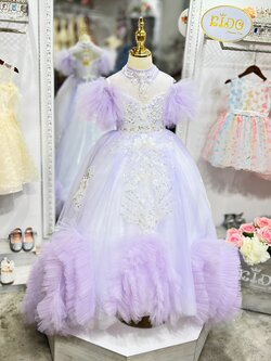 ชุดราตรีเด็ก(หน้าร้านอยู่รัชดา ลองได้ถ่ายรูปเองจากชุดจริง)W18657 สีม่วง แขนระบาย กระโปรงหน้ายาวหลังยาว