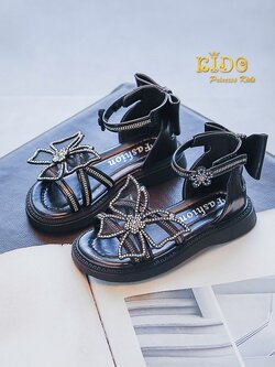 รองเท้าเด็ก*มีหน้าร้านอยู่รัชดา ลองได้ เปลี่ยนได้ *H077 สีดำ สานหน้าติดผีเสื้อเพชรวิ้ง รัดข้อเท้าแต่งเพชรติดดอไม้ หวานๆน่ารัก ใส่สบาย