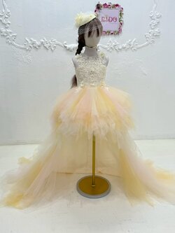 ชุดราตรีเด็ก(หน้าร้านอยู่รัชดา ลองได้ถ่ายรูปเองจากชุดจริง)W19180 สีเหลือง กระโปรงหน้าสั้นหลังยาว แขนสั้น คอเพชรหรู ฟูชั้นๆ