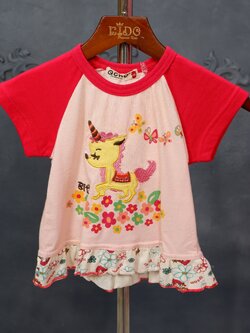 เสื้อยืดเด็ก*มีหน้าร้าน ตรงปก พร้อมส่ง*3025 แขนสั้น สีชมพู แขนสีแดง ปักยูนิคอน ชายระบาย
