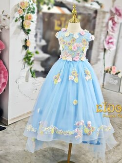ชุดราตรีเด็ก(หน้าร้านอยู่รัชดา ลองได้ถ่ายรูปจากชุดจริง)W18521 สีฟ้า ปักดอกไม้ แขนสั้น หน้ายาวหลังยาว
