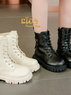 Sบูทเด็ก(หน้าร้านอยู่รัชดา ลองได้)H166 สีดำ ขาว ด้านหน้าร้อยเชือกข้อสั้น แบบเท่ๆ