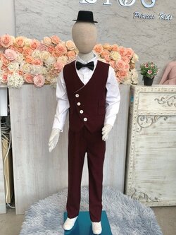 สูทเด็กผู้ชาย(หน้าร้านอยู่รัชดา ลองได้ถ่ายรูปจากชุดจริง)S173 เซ็ต4ชิ้น สีแดงเข้ม กั๊ก เสื้อเชิ๊ต หูกระต่าย กางเกงขายาว