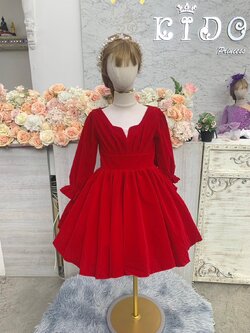 ชุดราตรีเด็ก(หน้าร้านอยู่รัชดา ลองได้ถ่ายรูปจากชุดจริง)W18791สีแดง ชุดกระโปรงสั้นแขนยาวผ้ากำมะหยี่ น่ารักๆ
