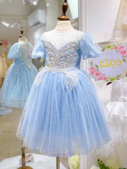 ชุดออกงานเด็ก(หน้าร้านอยู่รัชดา ลองได้ถ่ายรูปเองจากชุดจริง)W18354สีฟ้า แขนตุ๊กตา กระโปรงสั้น