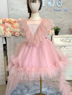 ชุดราตรีเด็ก(หน้าร้านอยู่รัชดา ลองได้ถ่ายรูปจากชุดจริง)W18920 สีโอรส กระโปรงสั้นฟูๆ คอวีซีทรู หลังระบายลากพื้น