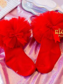 ถุงเท้าเด็ก*มีหน้าร้าน ตรงปก พร้อมส่ง*SZ005 ถุงเท้าสีแดง ข้อเท้าติดระบายชั้นๆฟูๆ