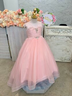 ชุดราตรีเด็ก(ร้านอยู่รัชดา ลองได้ถ่ายรูปจากชุดจริง)W19067 สีโอรส แขนสั้น ประดับขนนก กระโปรงหน้ายาวหลังลาก