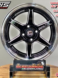 Cosmis แท้ ล้อแม็กขอบ15 รุ่น TypeR ขอบ 15 กว้าง 15x7.0 4x100 ET35 สีดำขอบเงาCNCข้างก้าน+ตัวหนังสือ