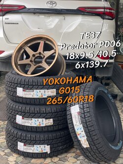🛞จัดครบล้อพร้อมยาง🛞 ล้อลายยอดฮิต #TE37 18/9.5/10.5 6x137 ล้อ Made in Thailand ยางใหม่ YOKOHAMA GEOLANDAR A/T G015 265/60R18 ยางใหม่ปี2024 ยางตัวหนังสือสีขาว