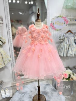 ชุดราตรีเด็ก(หน้าร้านอยู่รัชดา ลองได้ถ่ายรูปจากชุดจริง)T256สีโอรสตกแต่งด้วยผ้าคุมไหล่ซีทรูติดดอกไม้ กระโปรงสั้น