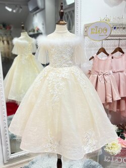 ชุดเจ้าหญิง(ร้านอยู่รัชดา ลองได้ถ่ายรูปจากชุดจริง)W18370 สีครีม แขนระบายแต่งขนนก กระโปรงยาว เจ้าหญิงเลยค่ะ