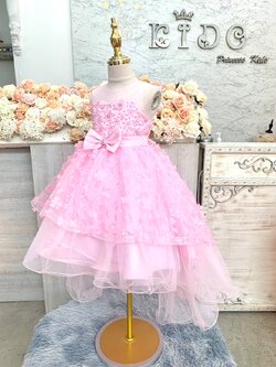 ชุดราตรีเด็ก(หน้าร้านอยู่รัชดา ลองได้ถ่ายรูปจากชุดจริง)B265สีชมพู หน้าสั้นหลังยาวประดับดอกไม้ทั้งตัว