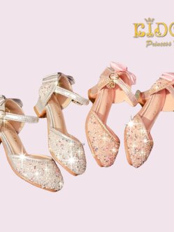ssรองเท้าเด็ก(หน้าร้านอยู่รัชดา ลองได้)H036สีชมพู สีเงิน ประดับเพชรสีระยิบระยับ ติดโบว์ด้านหลังสุดเก๋ ทรงเปิดข้าง สวยเจ้าหญิงมาก